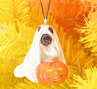 
              Cute Dog Dressed As Ghost with Pumpkin Halloween Ornament
            