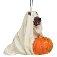 
              Cute Dog Dressed As Ghost with Pumpkin Halloween Ornament
            